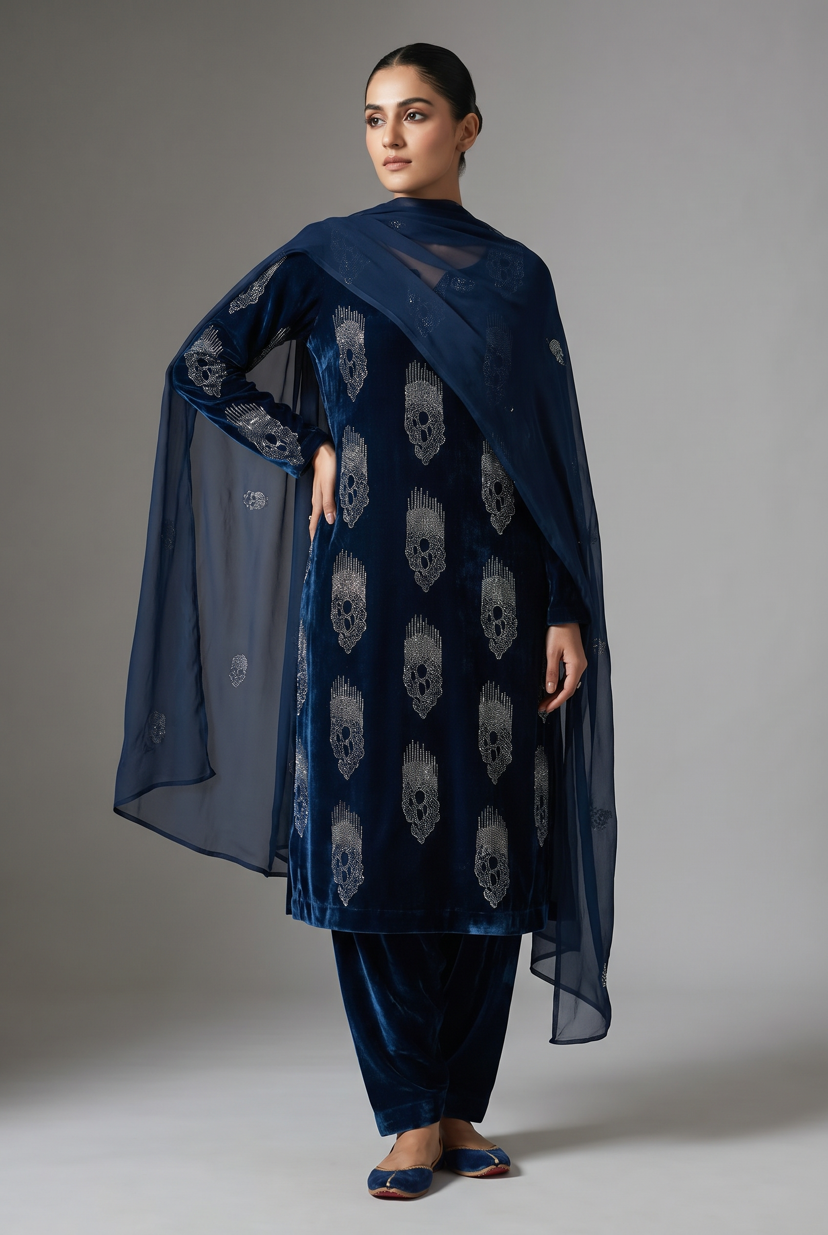 Close-up of MC THE BLACK DIAMOND Midnight Sapphire Velvet fabric, showcasing its rich, smooth texture and deep blue color.