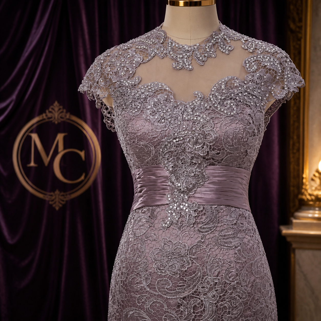 Elegant MC THE BLACK DIAMOND lace mother of the bride gown with high collar, cap sleeves, applique details, and floor-length design.