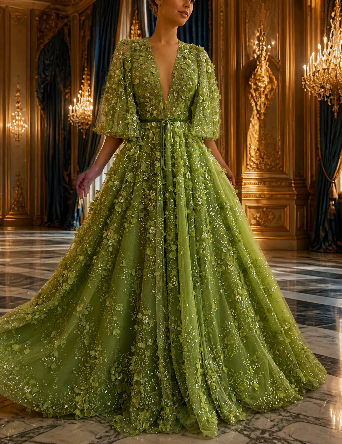 Elegant green evening dress by MC THE BLACK DIAMOND featuring V-neck, 3D embroidered floral details for wedding or party wear.