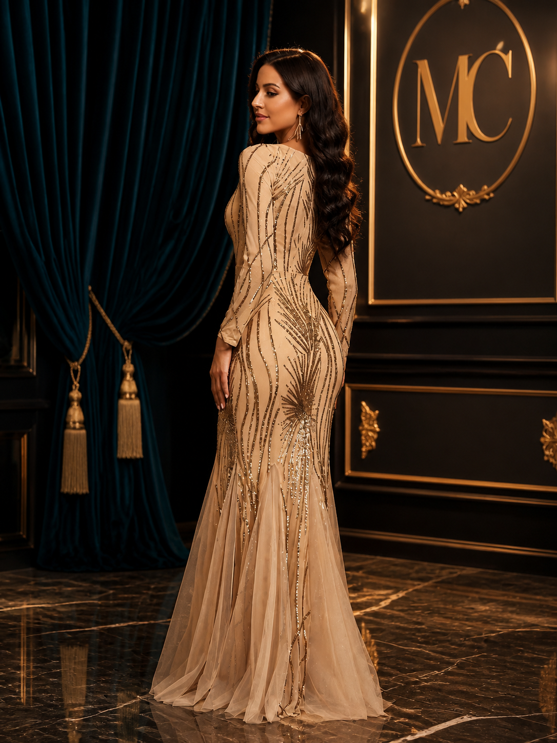 Elegant MC THE BLACK DIAMOND sequin tulle evening dress with long sleeves, mermaid silhouette, perfect for formal parties and proms.