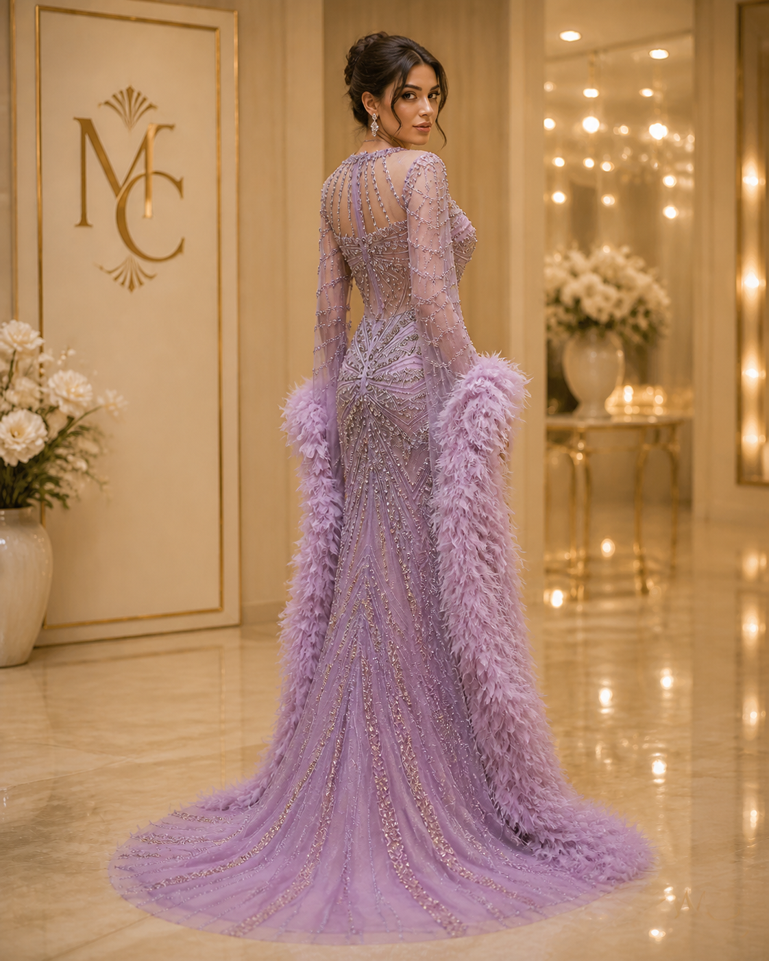 MC Luxury Caramel Beaded Mermaid Evening Dress with Feather Cape Sleeves by MC THE BLACK DIAMOND, featuring intricate beadwork and elegant design.