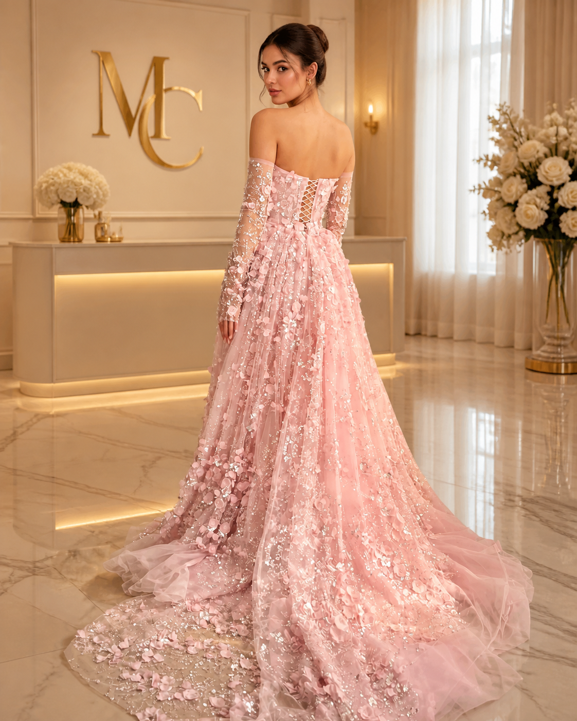 MC Elegant 3D floral Dubai evening dress by MC THE BLACK DIAMOND, featuring intricate 3D flower details and a stylish evening silhouette.