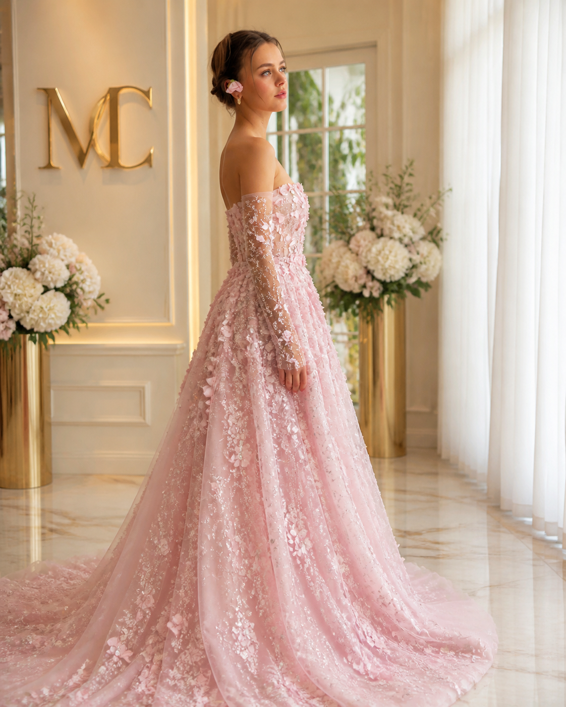 Elegant MC THE BLACK DIAMOND MC Elegant 3D Flowers Dubai evening dress with intricate floral embroidery and a flowing silhouette.