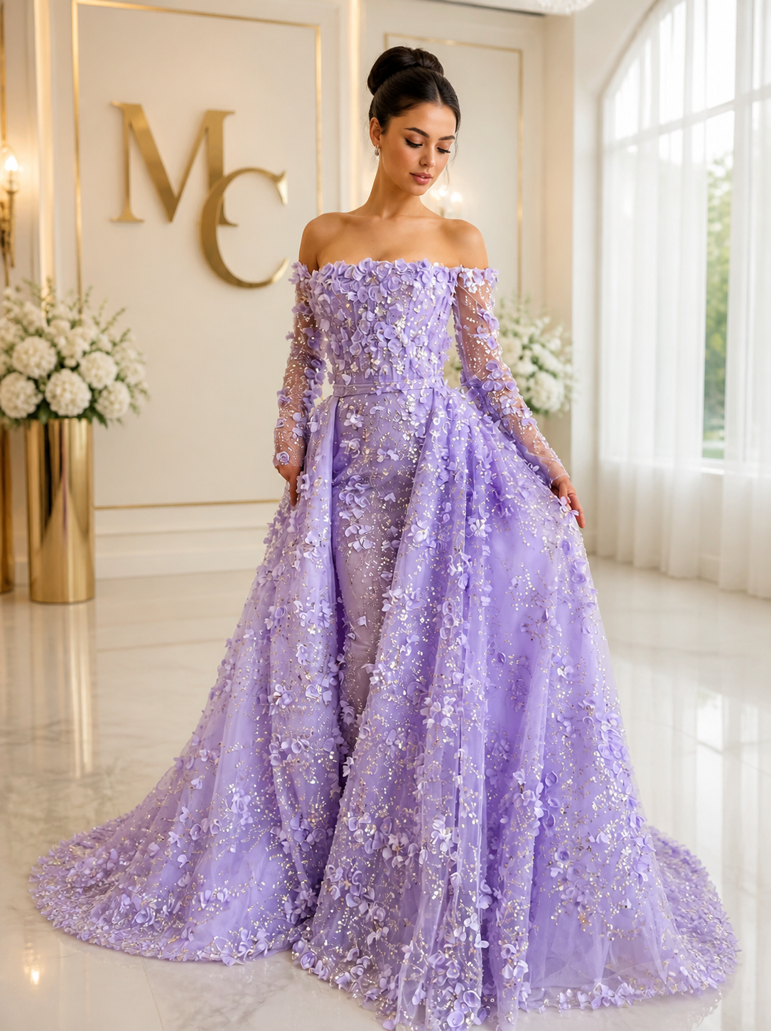 MC Elegant 3D Flowers Dubai evening dress with lilac overskirt, long sleeves, women’s wedding and party gown by MC THE BLACK DIAMOND