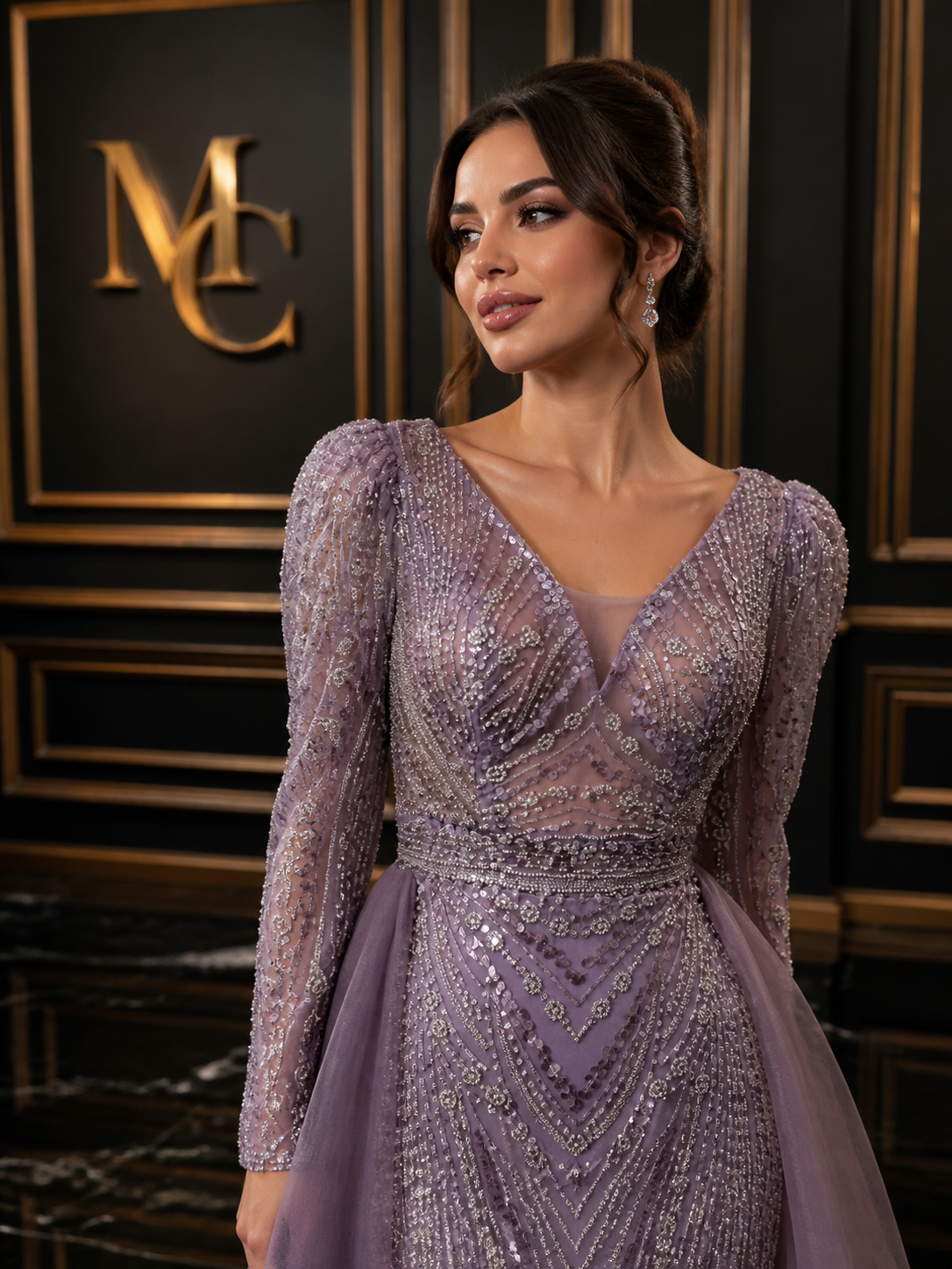 MC THE BLACK DIAMOND long sleeve evening dress for women, elegant black dress with fitted silhouette and stylish design.