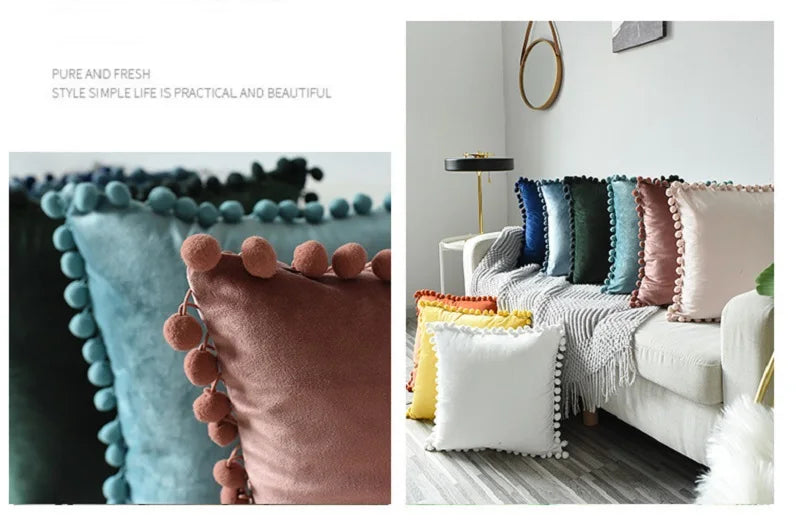 MC THE BLACK DIAMOND velvet throw pillow cover with pom-pom accents, large solid cushion case for cozy sofa decoration