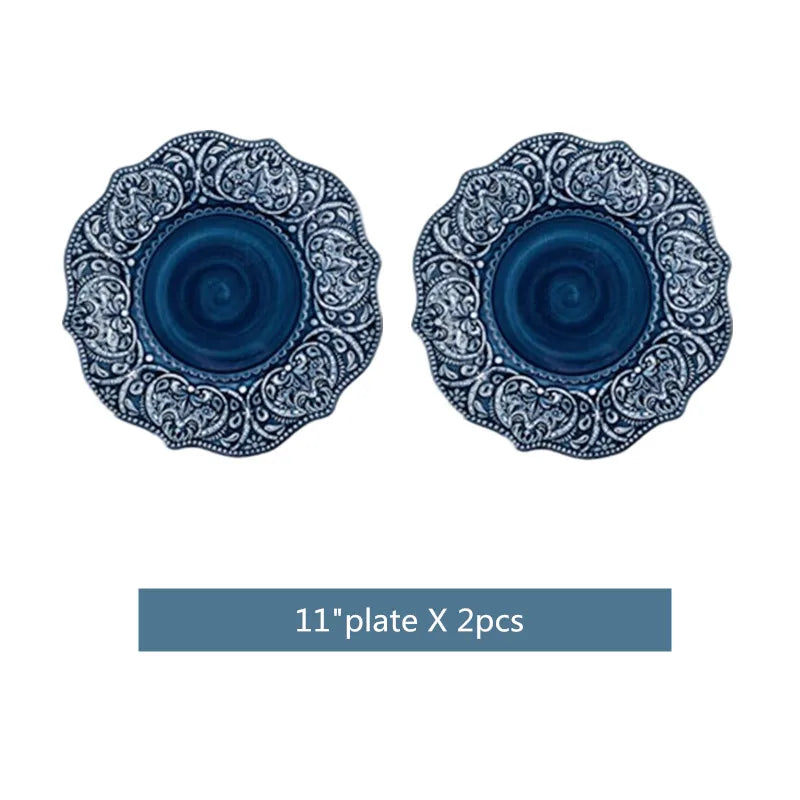 Blue retro relief ceramic tableware dishes set by 𝕄𝕔 𝕋𝕙𝕖 𝔹𝕝𝕒𝕔𝕜 𝔻𝕚𝕒𝕞𝕠�