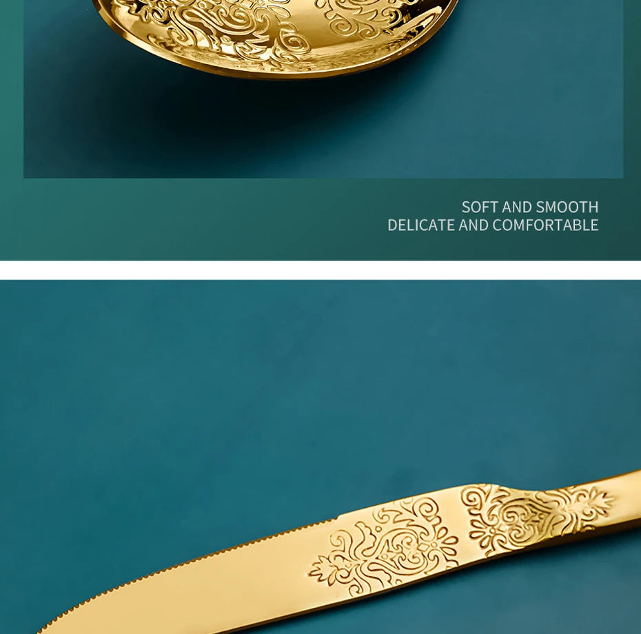 Set of 16/24 stainless steel silverware including forks, knives, spoons in a sleek gold finish from ๐๐ ๐๐๐ ๐น๐๐๐๐ ๐ป