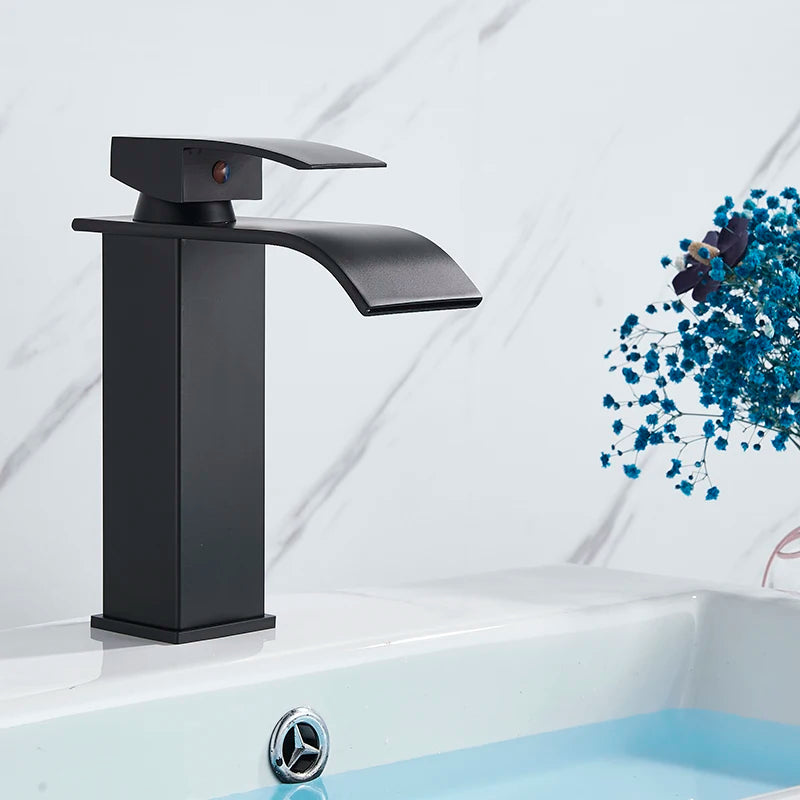 Black Waterfall Bathroom Faucet and Basin Vanity Vessel Sink by MC THE BLACK DIAMOND, modern black bath faucet and sleek vessel sink.
