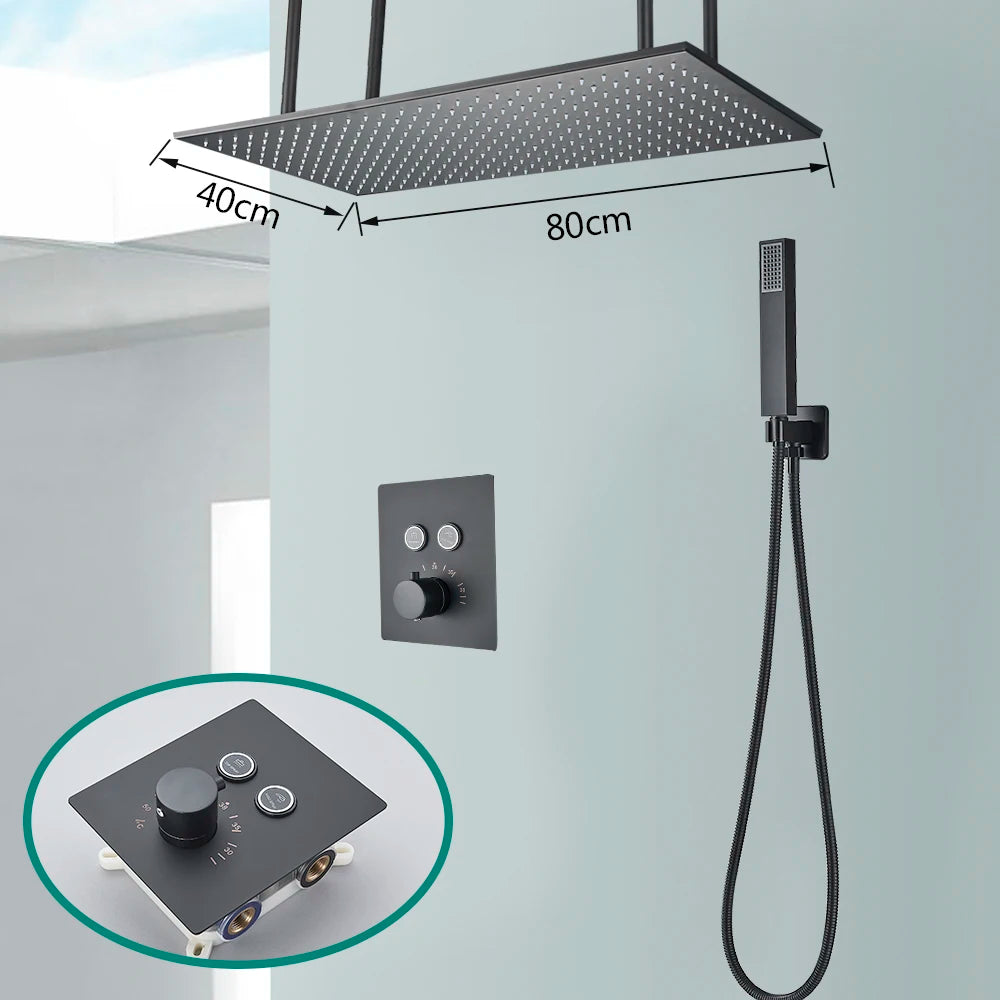 Matte black thermostatic shower faucet set with concealed installation, ceiling rainfall shower head, and bath mixer tap by šš ššš š¹šššš š»ļæ½