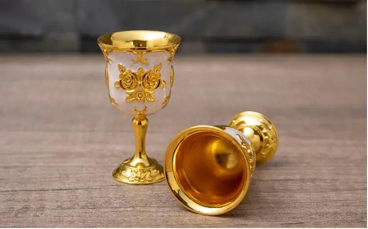Set of six Europe metal decorative whiskey cups in gold and silver, perfect for kitchen or bar decor.