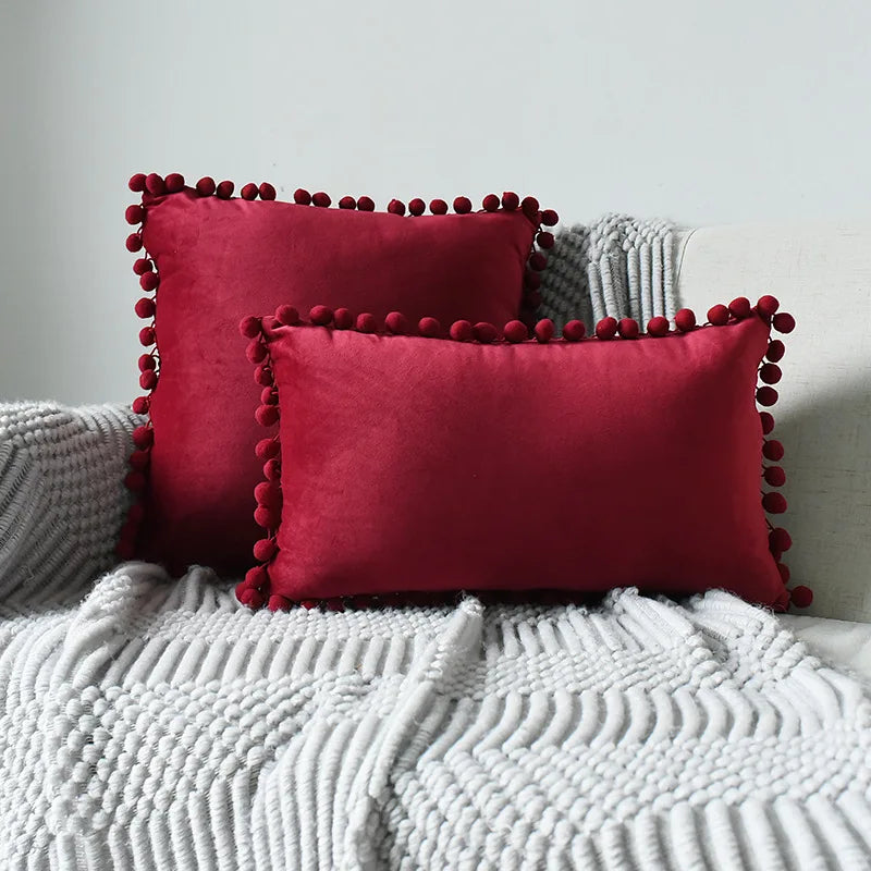MC THE BLACK DIAMOND velvet throw pillow cover with pom-pom accents, large sofa cushion case, soft and cozy decorative home accessory.
