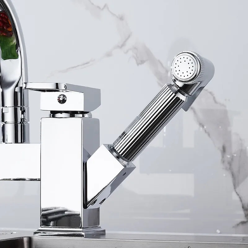 Black deck-mounted kitchen sink faucet with flexible pull-out spray, chrome finish, hot and cold water controls, by MC THE BLACK DIAMOND