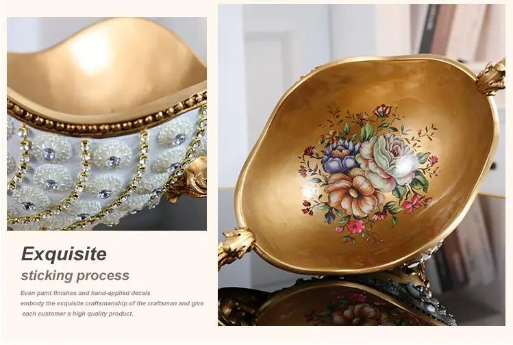 Decorative European resin diamond fruit plate by MC THE BLACK DIAMOND, featuring dried fruits and candies on a home living room table.