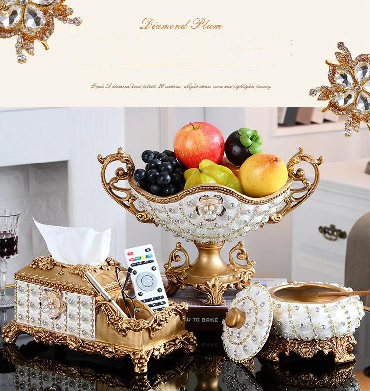 European Resin Diamond Fruit Plate by MC THE BLACK DIAMOND, decorative bowl with dried fruit, candy, tissue box, and home decor accents.