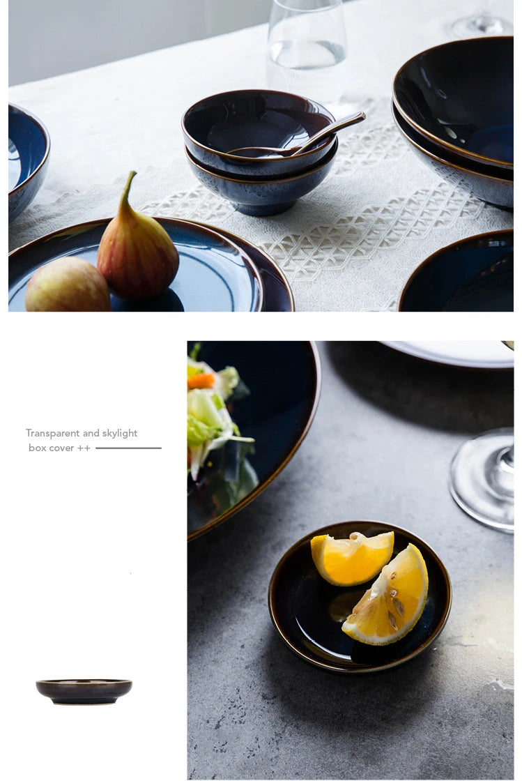 Deep blue ceramic dinnerware set featuring plates and bowls from ๐๐ ๐๐๐ ๐น๐๐๐๐ ๐ป๐๐๐๐