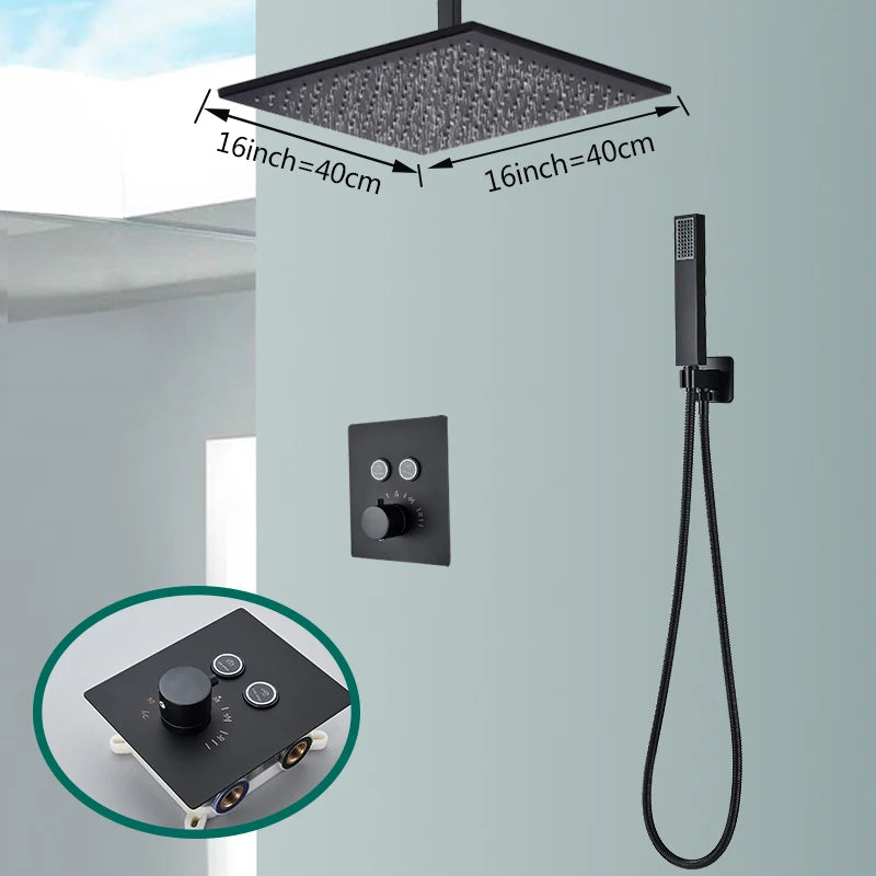Rozin matte black thermostatic shower faucet with concealed installation, ceiling rainfall shower head, and bath mixer tap by šš ššš š¹šššš š»ļæ½