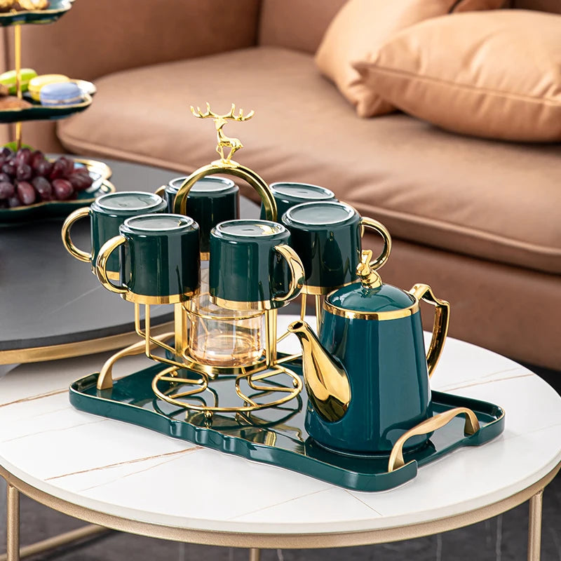Elegant set of European luxury ceramic coffee cups with matching saucers on a stylish storage rack, perfect for afternoon tea.