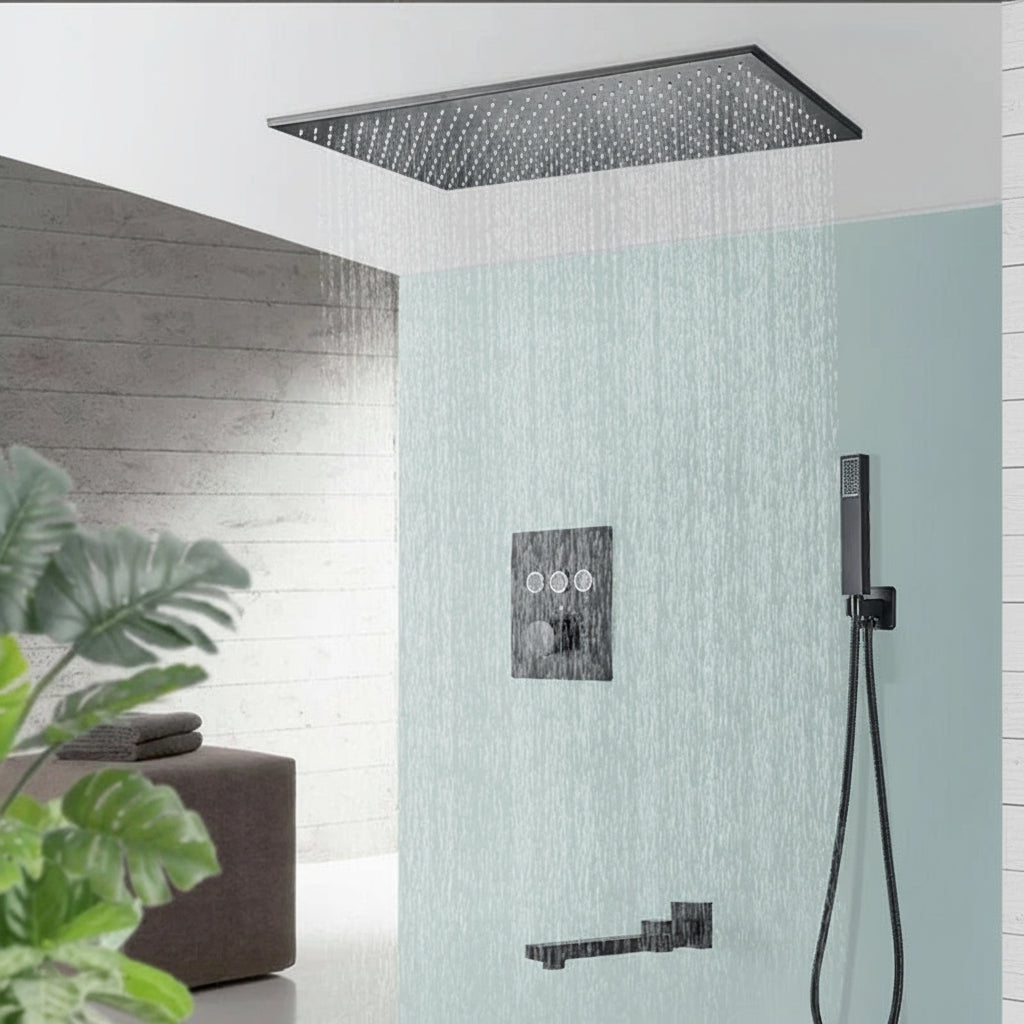 Matte black Rozin thermostatic shower faucet set with concealed installation, rainfall showerhead, and bath mixer tap by ๐๐ ๐๐๐ ๐น๐๐๐๐ ๐ป