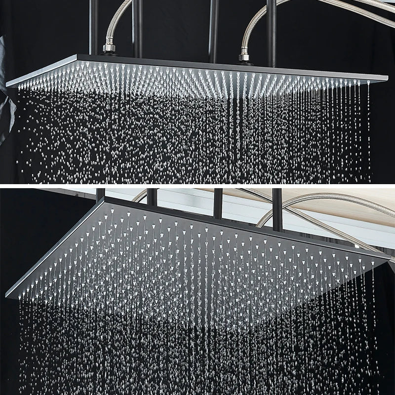 Rozin matte black thermostatic shower faucet with concealed installation, ceiling rainfall shower head, and large bath mixer tap.