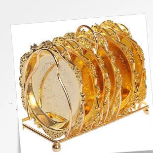 Six golden metal cocktail coasters with classical design from 𝕄𝕮 𝕋𝕙𝕖 𝔹𝕝𝕒𝕔𝕜 𝔻𝕚𝕒𝕞𝕠�