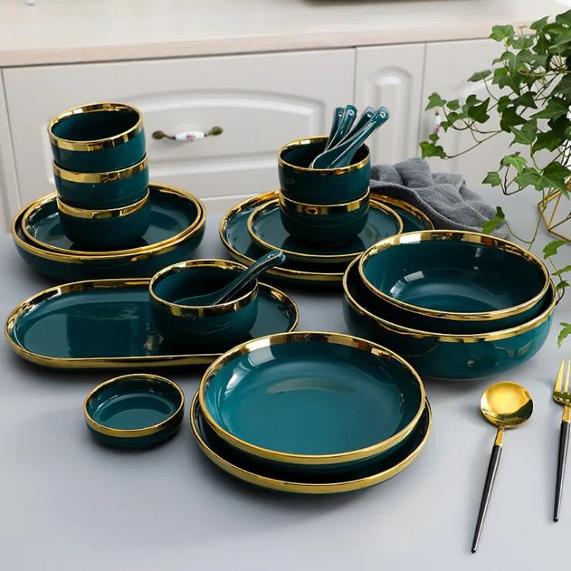 Set of green ceramic dinner plates with gold inlay, including salad bowls and serving trays, from 𝕄𝕔 𝕋𝕙𝕖 𝔹𝕝𝕒𝕔𝕜 𝔻𝕚�