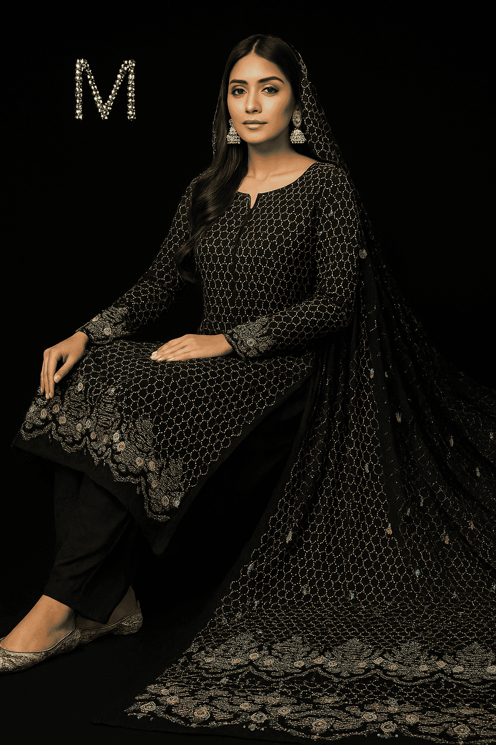 Luxurious MC THE BLACK DIAMOND chiffon fabric from the Chiffon Luxe Signature Embroidered Collection, 4-meter length.