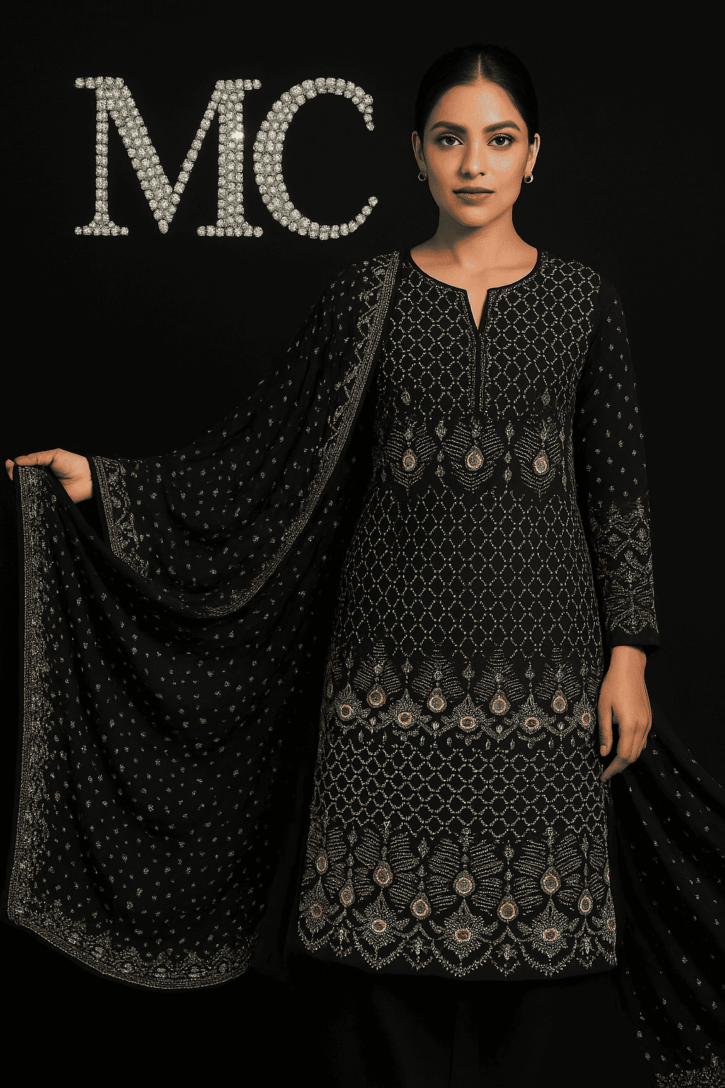 Soft black MC THE BLACK DIAMOND chiffon fabric in a 4-meter length, showcasing delicate, flowing chiffon material for elegant suits.