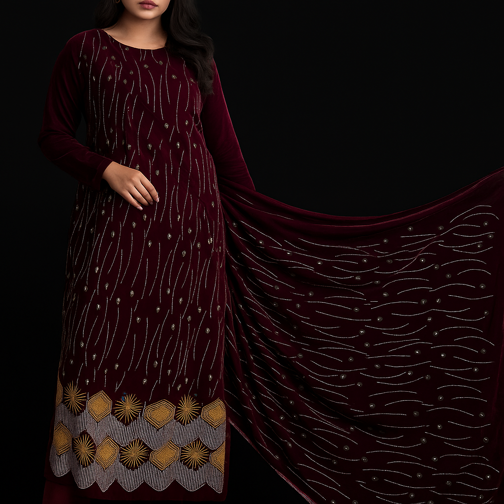 Velvet fabric from Mohammad Collection, 4-meter length, soft and luxurious velvet material suitable for tailoring and garment making.