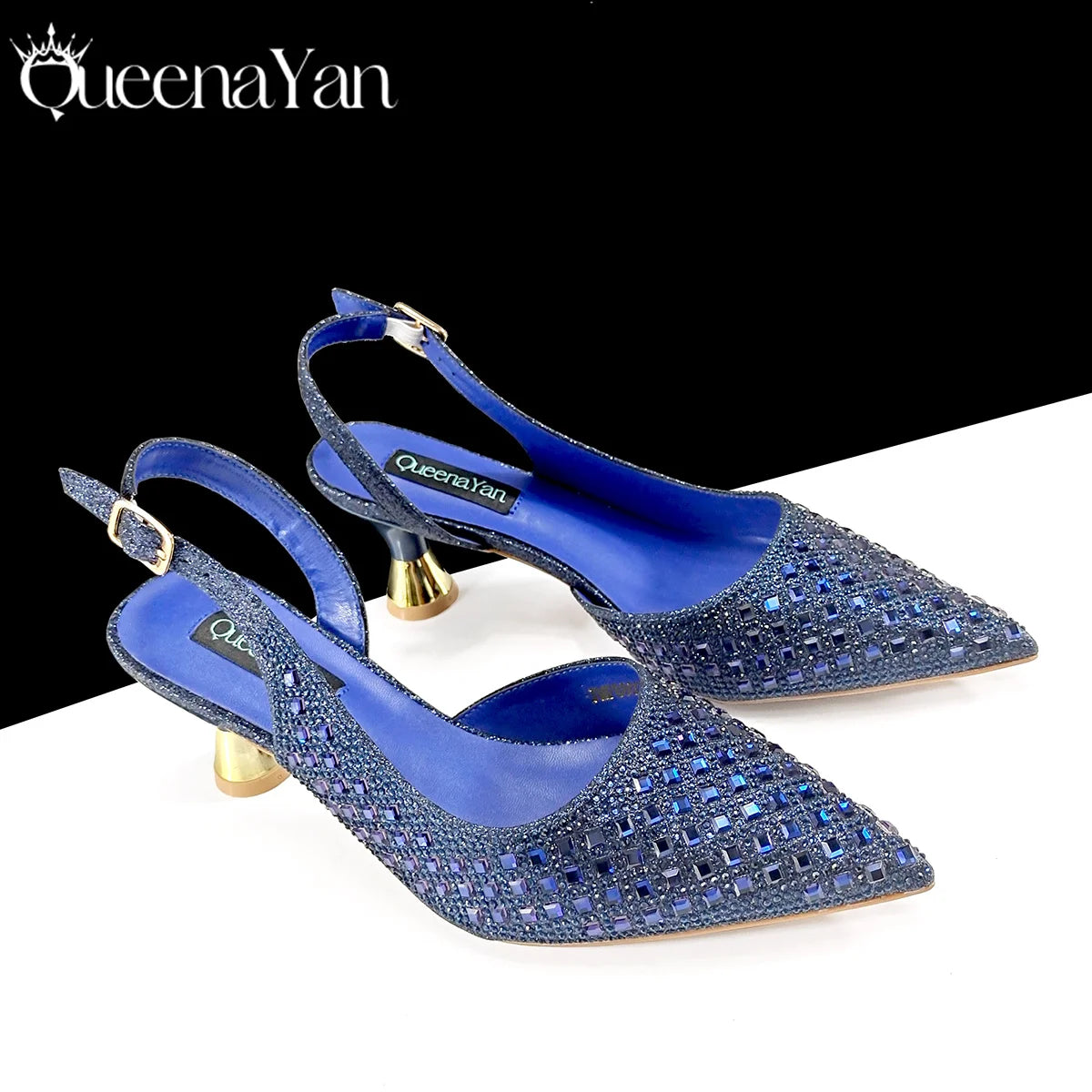 Queena Yan Italian design green rhinestone pointed toe high heels and matching bag set for women’s party fashion.