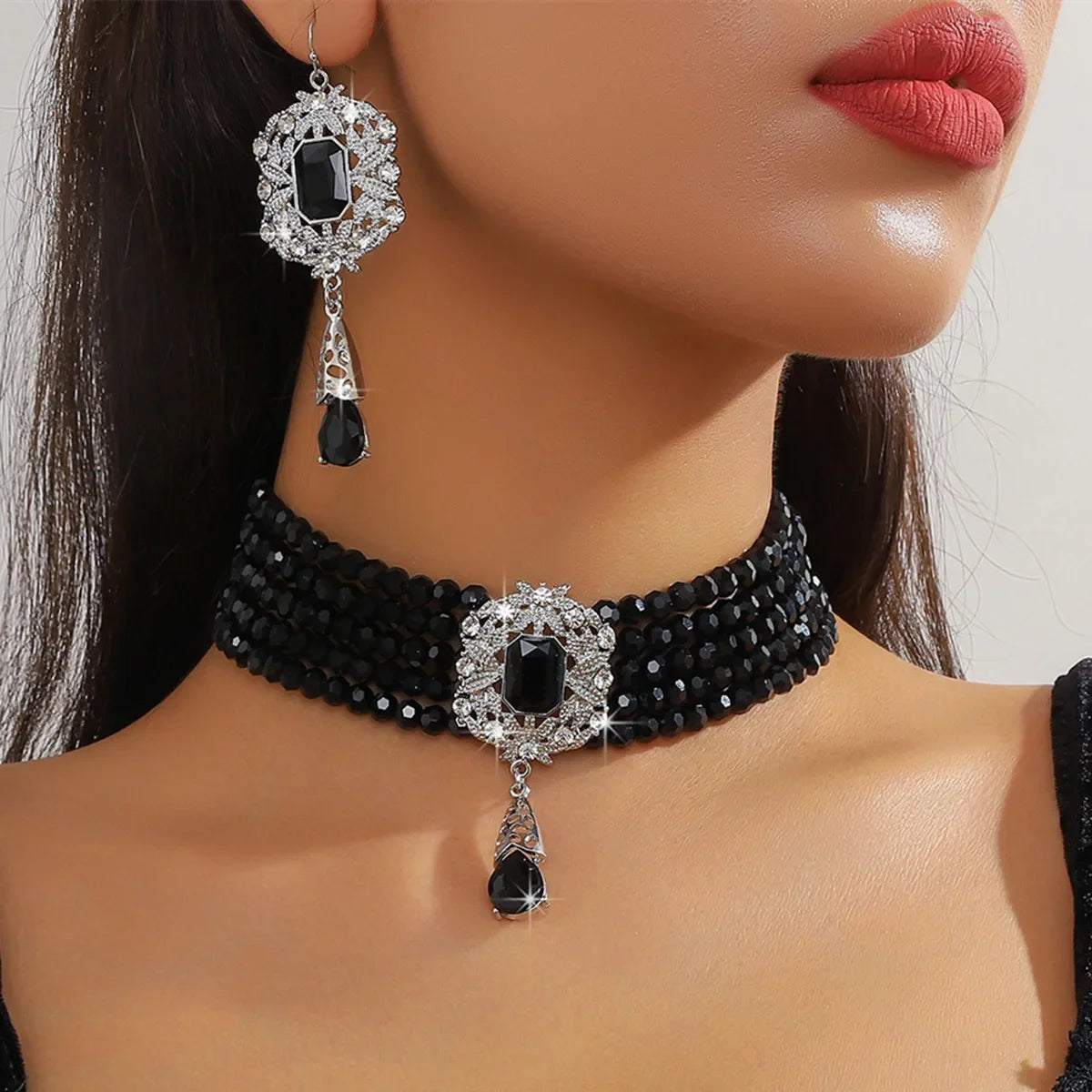 Vintage green, red, and blue crystal necklace with geometric hollow alloy earrings, by MC THE BLACK DIAMOND, for women’s wedding jewelry.