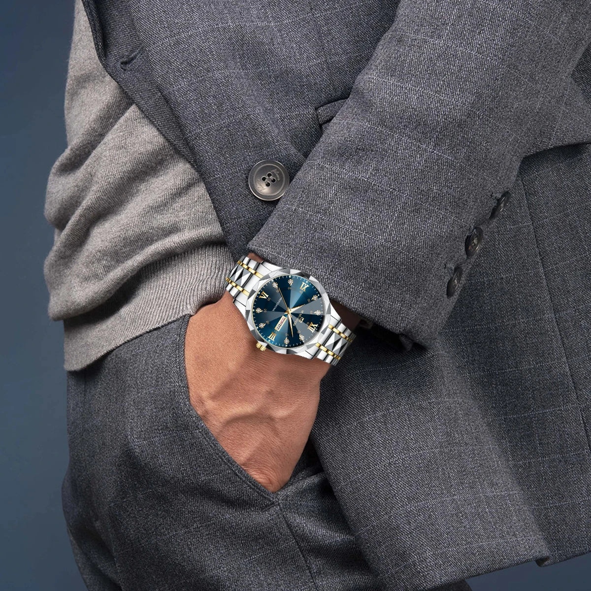 Men Watch Water Diamond Luxury Night Glow Double Calendar Quartz Movement 41mm Blue Gold Stainless Steel Fashion Business Watch - https://mohammadcollection.com
