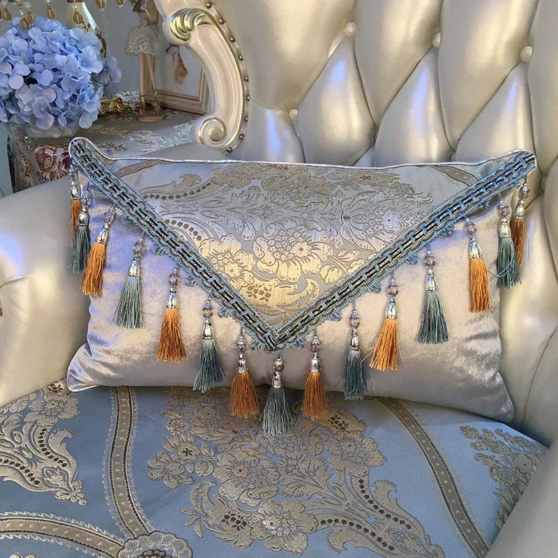 European luxury Jacquard tassel lace decorative sofa pillow cushion cover, large rectangular backrest cushion, elegant home decor.