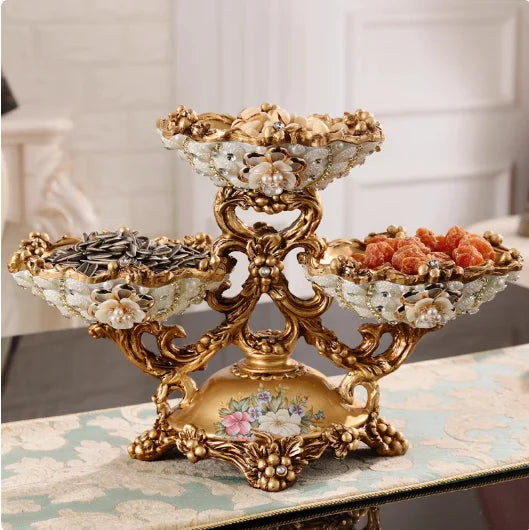 European Resin Diamond Fruit Plate decorative bowl by MC THE BLACK DIAMOND, showcasing a colorful dried fruit and candy display.