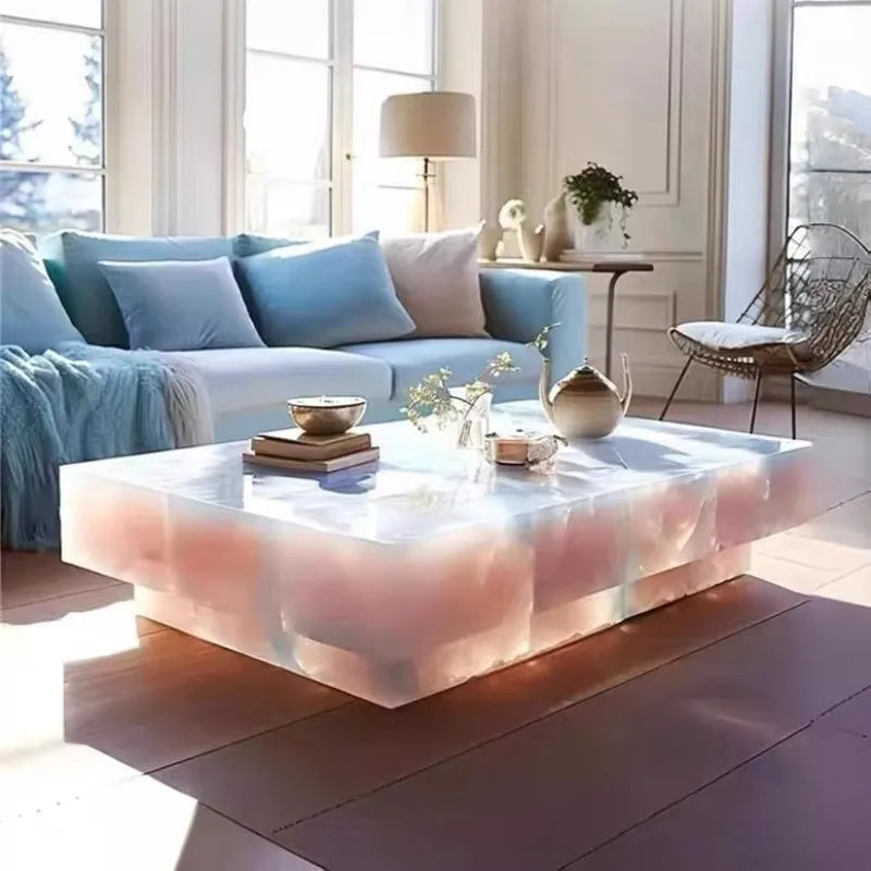 Square Ice Crack Onyx luminous coffee table by MC THE BLACK DIAMOND with backlit translucent surface, ideal for bar or restaurant settings.