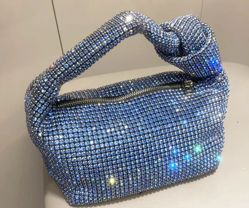 Silver evening hand bag with rhinestone knot handle, crystal accents, top handle, luxury designer purse for women by MC THE BLACK DIAMOND.