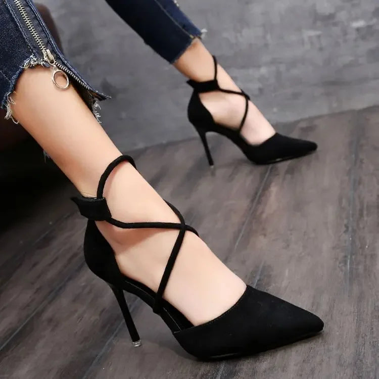 MC THE BLACK DIAMOND suede cross-strap Roman sandals with high heels, pointed toe, one-line buckle, women's shoes.