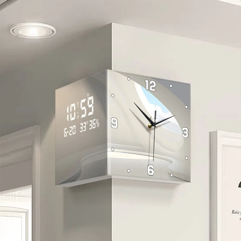 Modern double-sided living room corner clock with perpetual calendar, electronic wall clock, and sleek home decor by ๐๐ ๐๐๐ ๐น๐๐๐๐ ๐ป๐