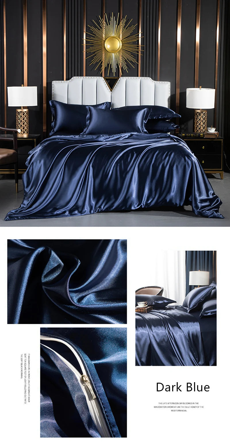 Luxury silk bedding set with duvet cover, fitted sheet, flat sheet, and pillowcases in king and queen sizes from ๐๐ ๐๐๐ ๐น๐๐๐๐ ๐ป