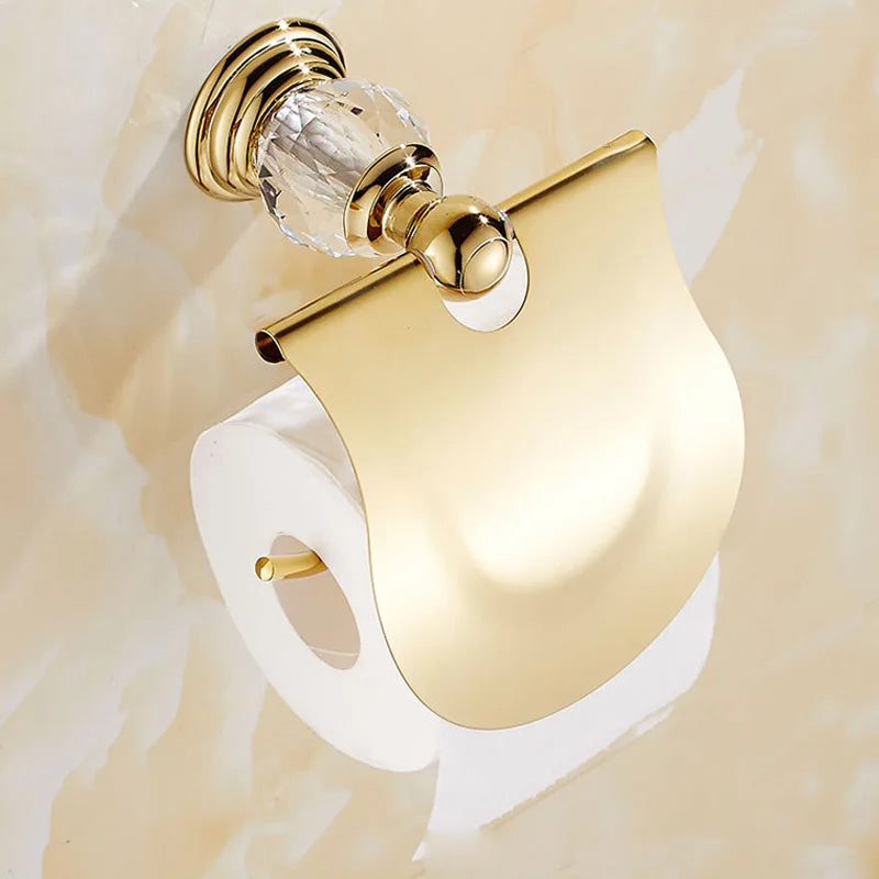 Luxury gold polished brass bathroom accessories set with wall-mounted crystal hardware from 𝕄𝕔 𝕋𝕙𝕖 𝔹𝕝𝕒𝕔𝕜 𝔻𝕚𝕒𝕞�
