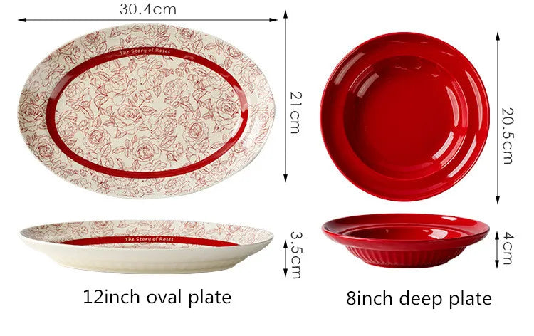 Red retro ceramic steak plate and bowl set from 𝕄𝕔 𝕋𝕙𝕖 𝔹𝕝𝕒𝕔𝕜 𝔻𝕚𝕒𝕞𝕠�