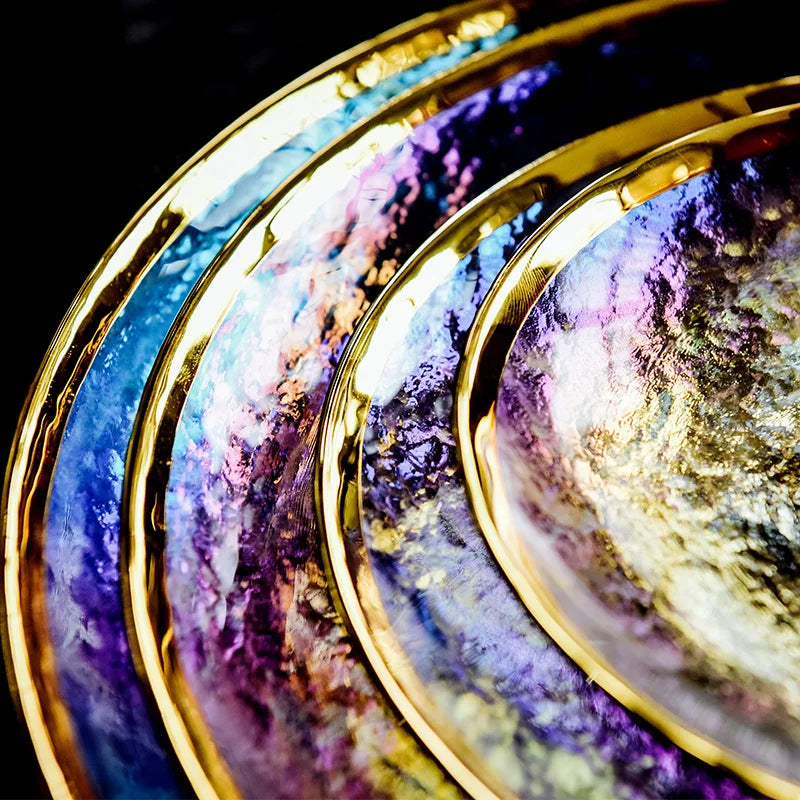Thick rainbow glass dinner plate with gold inlay, featuring a colorful design for salads, fruits, or desserts, by 𝕄𝕮 𝕋𝕙𝕖 𝔹𝕝𝕒𝕔𝕜 �