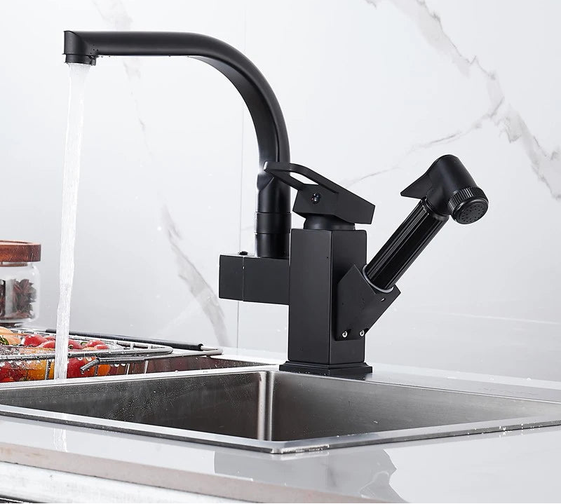 MC THE BLACK DIAMOND black kitchen sink faucet with flexible pull-out spout, hot and cold water controls, spring design, chrome finish