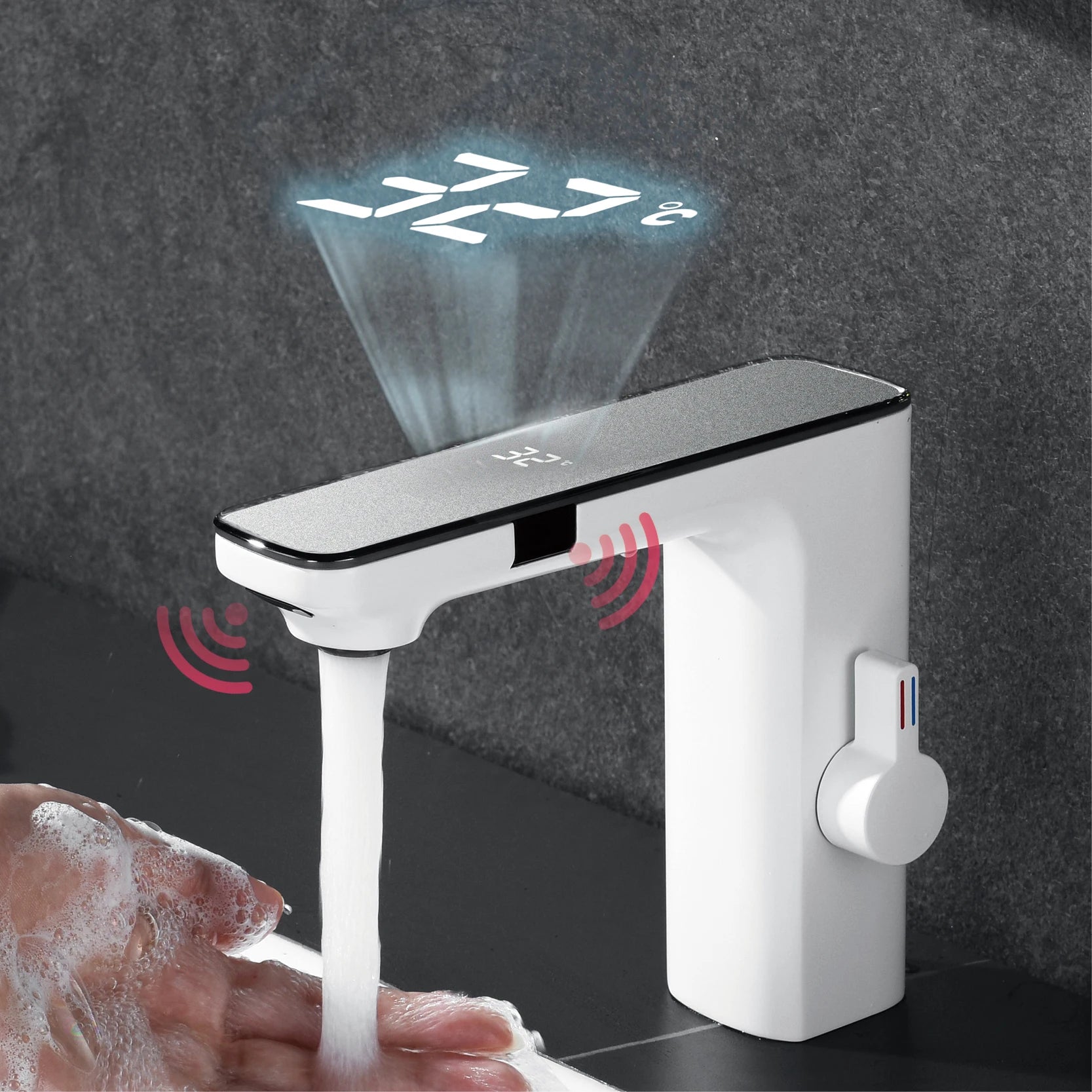 White intelligent brass bathroom faucet induction design LED light temperature display 1 hole single handle cold & hot basin Tap - https://mohammadcollection.com