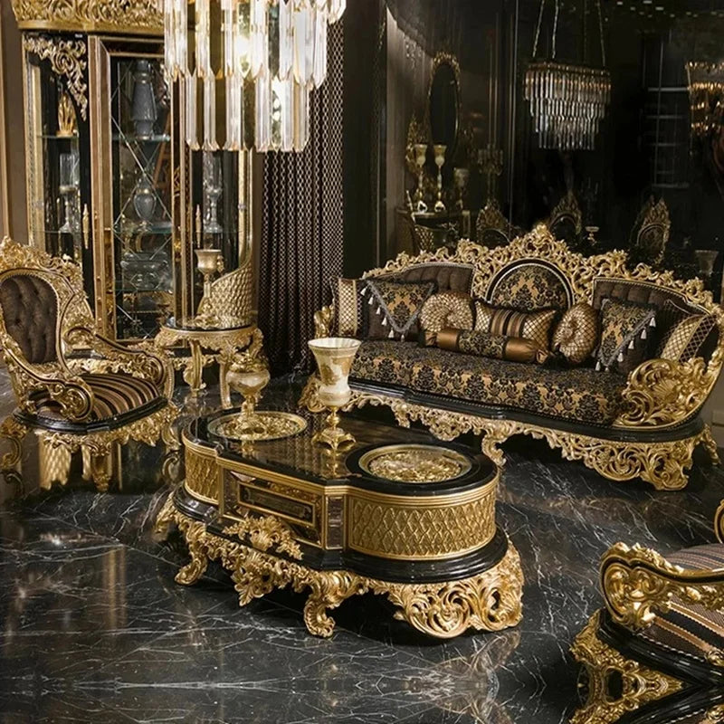 Antique Baroque style luxury sofa set by MC THE BLACK DIAMOND, featuring ornate carved wood and plush upholstered cushions.