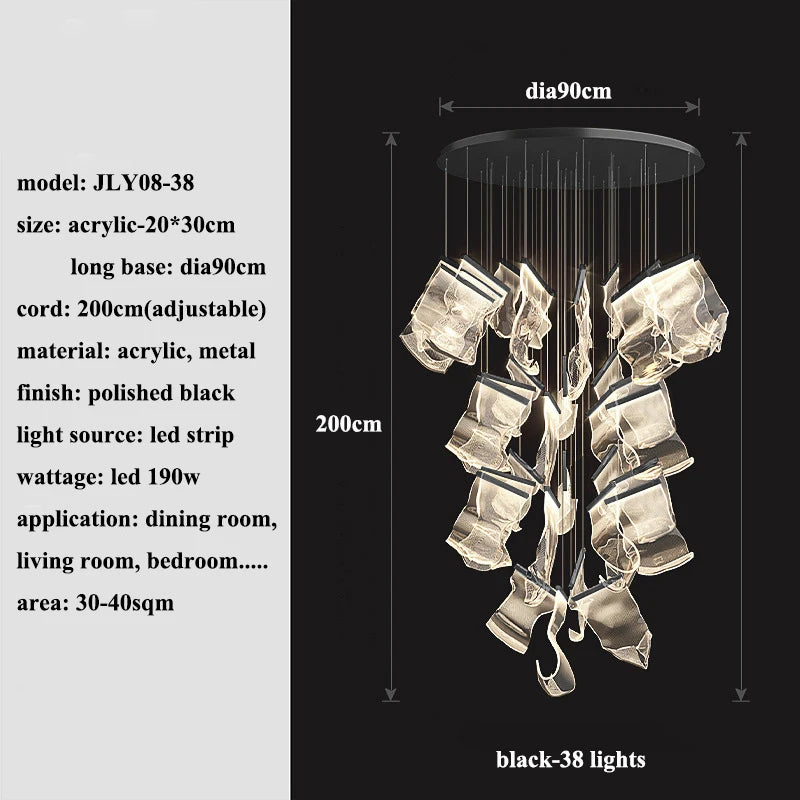 Modern MC THE BLACK DIAMOND LED chandelier with sleek pendant lights, ideal for living, dining, and stairway home decor.
