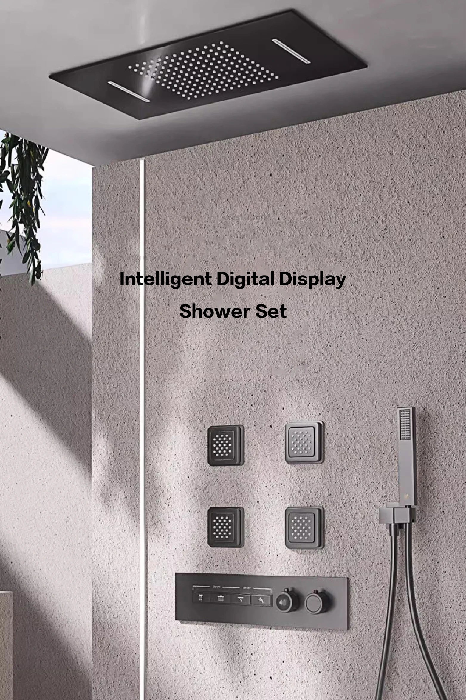Luxury gray brass shower system with ceiling design, LED display, dual hot and cold controls, bathroom faucet by šš ššš š¹šššš š»ļæ½