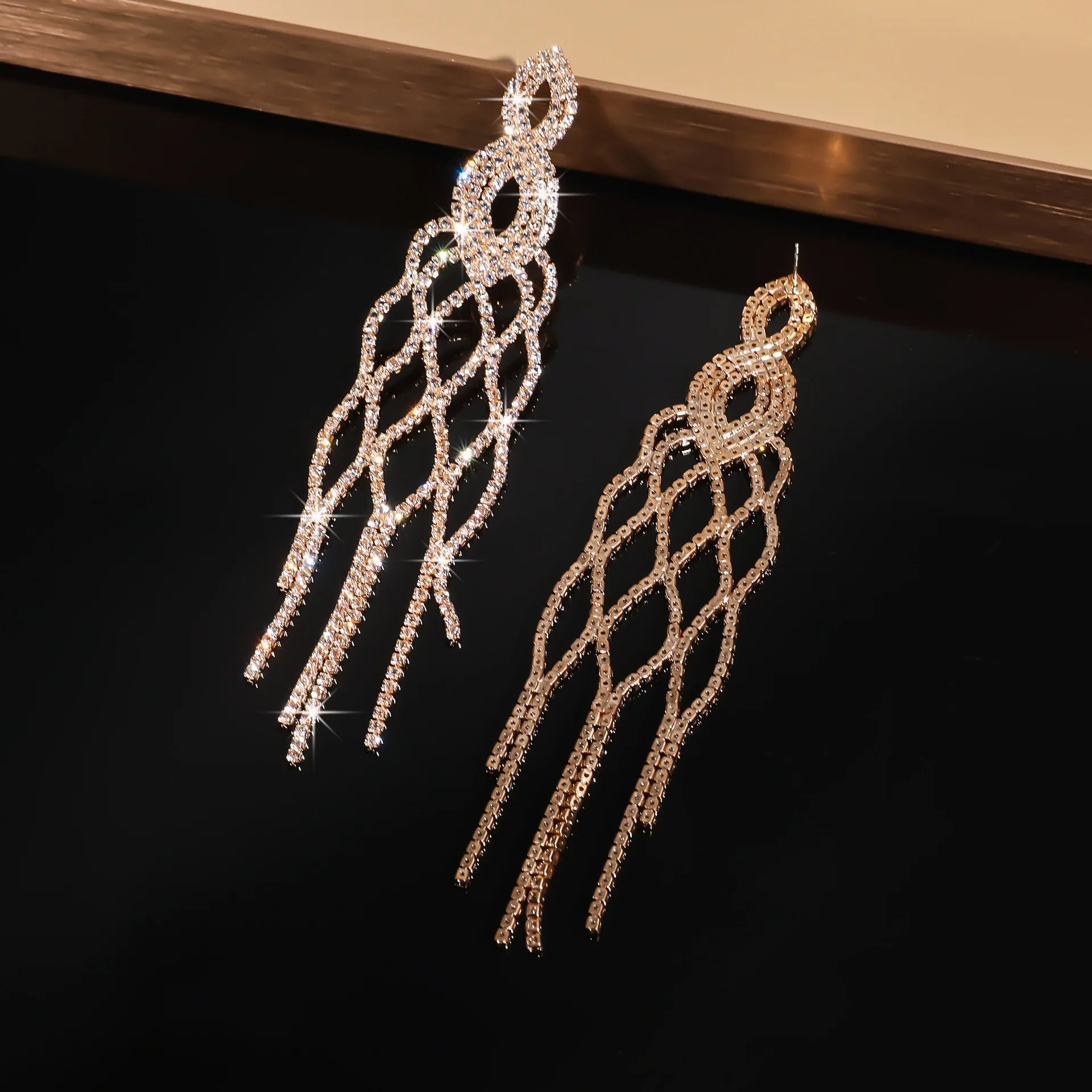 MC THE BLACK DIAMOND FYUAN long tassel rhinestone drop earrings with geometric crystal dangles for women, perfect for parties and weddings.