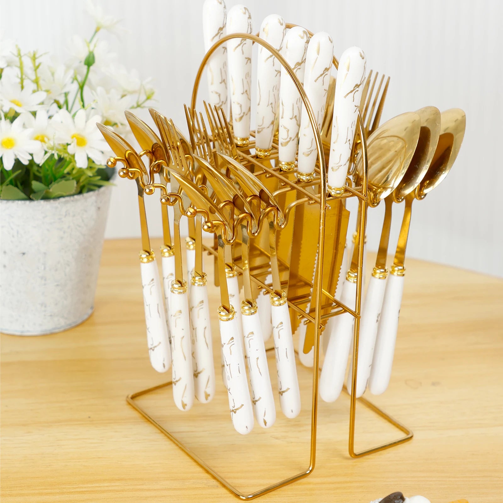 Stainless steel flatware set with 24 pieces and holder, includes knives, forks, and spoons from MC THE BLACK DIAMOND.