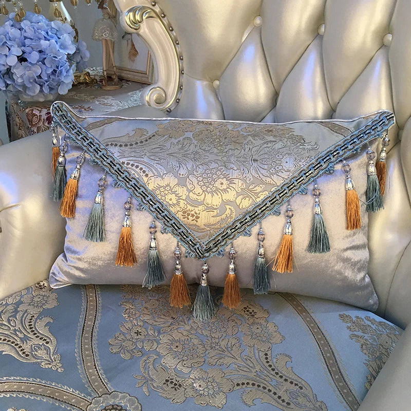 European luxury Jacquard tassel lace rectangular sofa pillow cover with decorative tassels and large backrest cushion, from ๐๐ ๐๐๐ ๐น๐๐๐๐ ๐ป